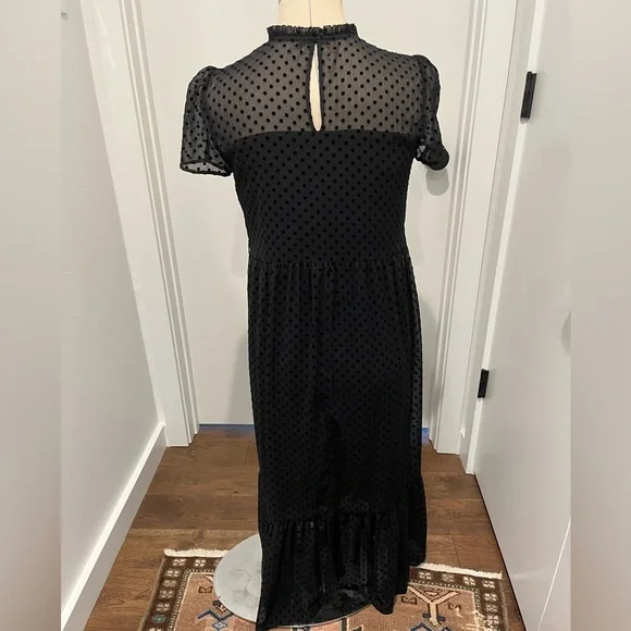 ZARA Black Flocked Swiss Dot Shirt Sleeve Flowy Midi Dress - Picture 8 of 14